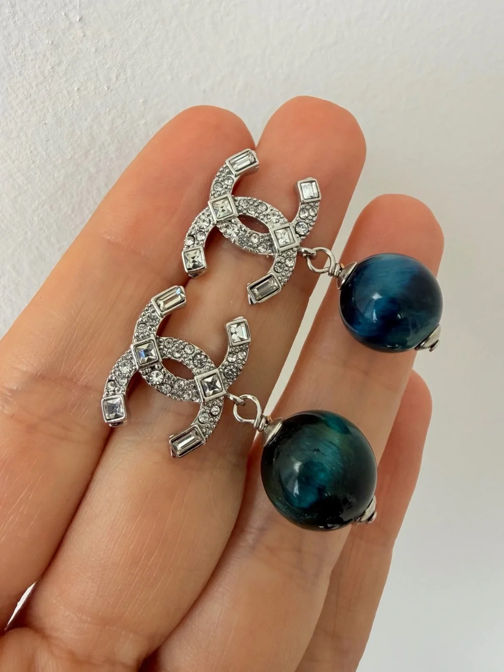 💙CHANEL Silver Crystal CC Logo Earrings with Blue and Teal Orb Drops⚡️